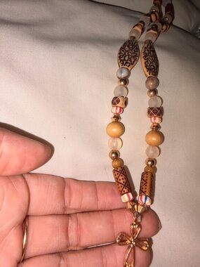 Beaded Cross Pendant Necklace in Tan and Gold